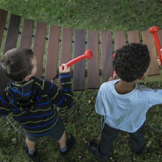 Akadinda Outdoor Music Instrument (2 boys playing; top view)