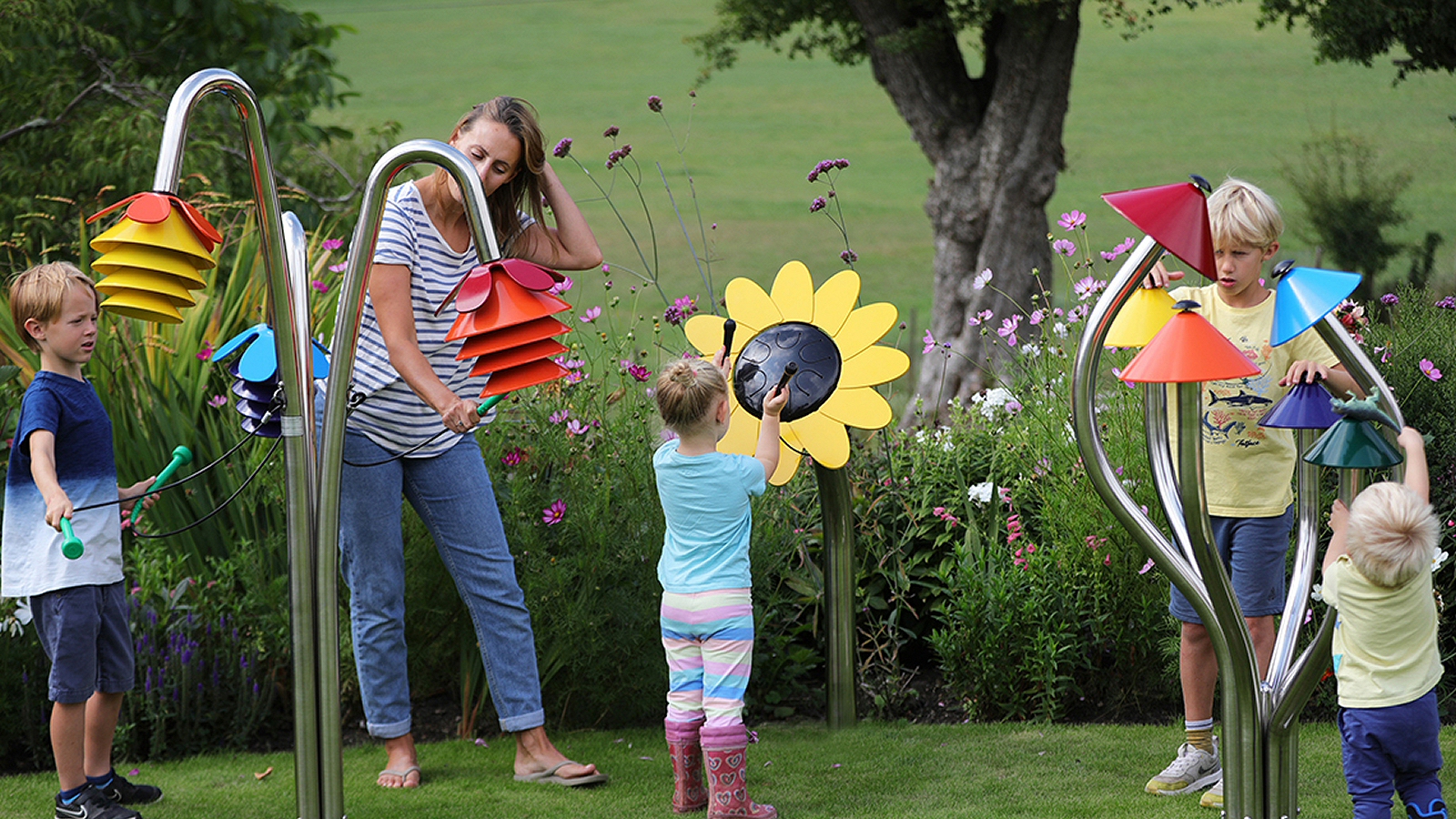 Percussion Play Inspired by Nature Ensemble (mother and 4 children playing)