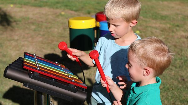 Percussion Play Rainbow Trio Ensemble (2 boys playing; ground mount close up)