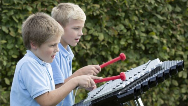 Sansa Rimba Outdoor Music Instrument (2 boys playing; side view)